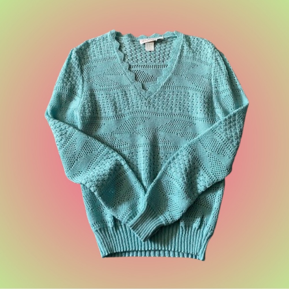 Vintage Cintura pointelle v-neck sweater true vintage sz 16 mint aqua